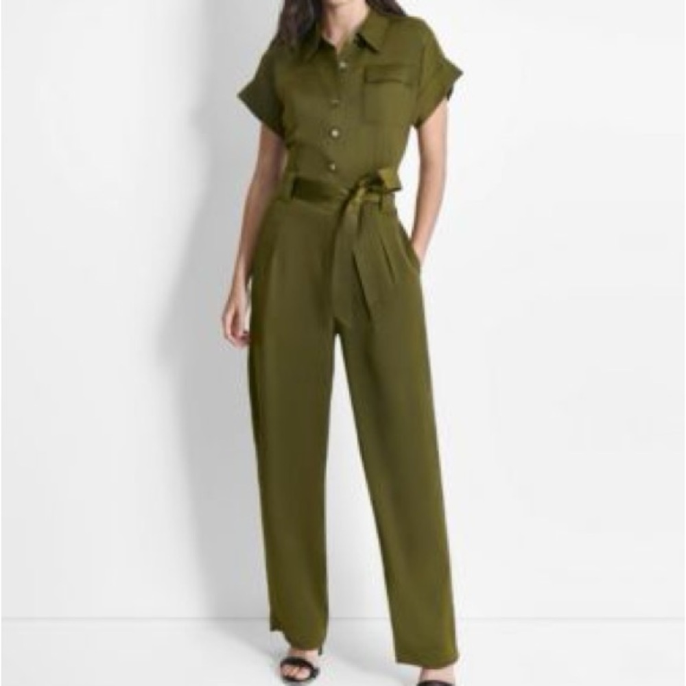 DKNY Olive Green Utility Belted Short Sleeve Jumpsuit Women’s Size 10
